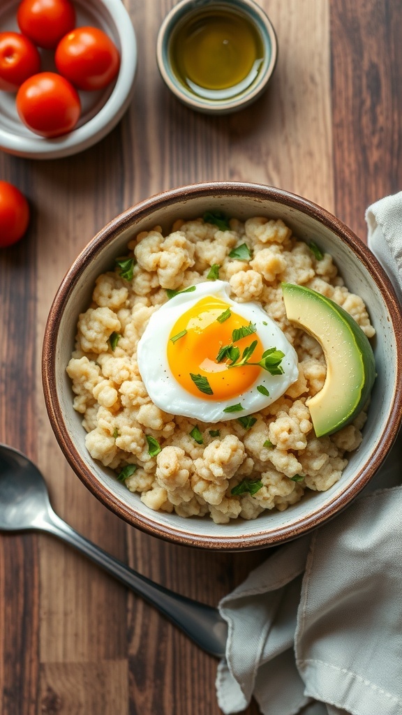 Savory cauliflower oatmeal topped with a poached egg and avocado in a rustic bowl on a wooden table.